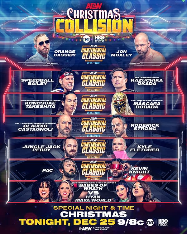 A colorful promotional poster for an AEW wrestling event titled 'Christmas Collision,' featuring various wrestlers and the event details at the bottom.