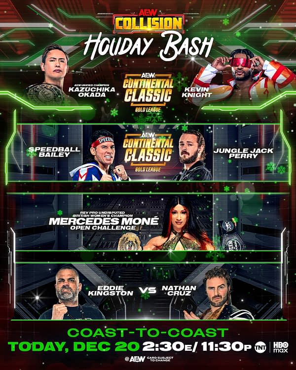 A promotional poster for the AEW Collision Holiday Bash event featuring multiple wrestlers and match highlights. Key details include the AEW Continental Classic competitors and match times.
