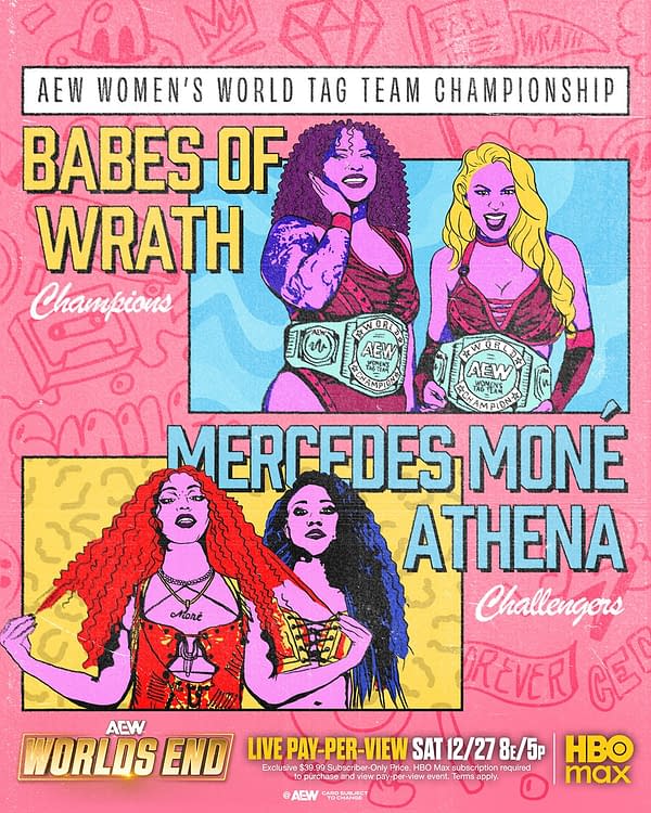 A colorful illustration representing the AEW Women's World Tag Team Championship. It features two dominant teams: 'Babes of Wrath' with champions shown in vibrant colors, and their challengers, Mercedes Moné and Athena, in striking poses with belts.