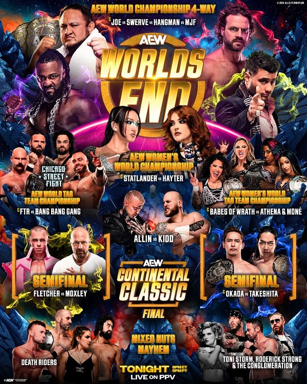 A promotional poster for AEW World's End featuring various wrestlers and matches. Key matchups include Joe vs Swerve vs Hangman vs MJF, and the AEW Women's World Championship.