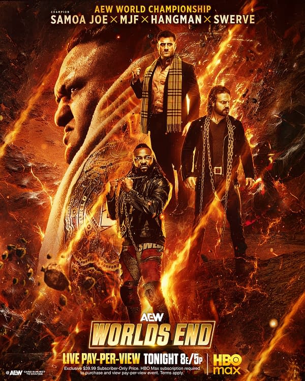A promotional graphic for AEW's World End pay-per-view features wrestlers Samoa Joe, MJF, Hangman, and Swerve, all depicted dramatically against a fiery background. The AEW World Championship title is prominently featured.