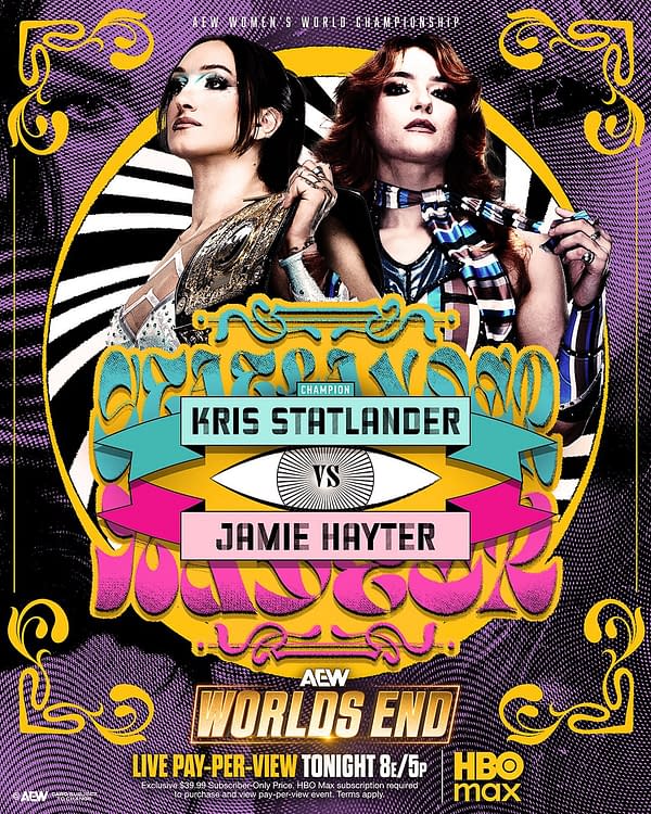 A colorful promotional graphic featuring two women wrestlers, Kris Statlander and Jamie Hayter, in a wrestling match for the AEW Women's World Championship. The background is vibrant with bold patterns and text.