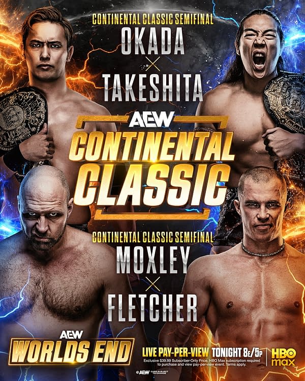 A promotional graphic for the AEW Continental Classic featuring four wrestlers: Okada, Takeshita, Moxley, and Fletcher. The design includes vibrant colors and championship belts, indicating the importance of the matches.