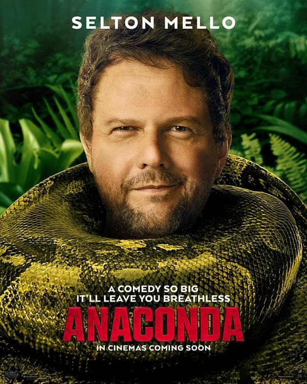 A comedic movie poster featuring the face of Selton Mello, partially surrounded by a large green anaconda snake, with the title 'ANACONDA' prominently displayed in bold red letters. Tagline reads 'A comedy so big it'll leave you breathless' with a jungle background.