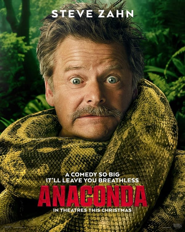 A humorous movie poster for 'Anaconda' featuring actor Steve Zahn, who looks surprised while wrapped in the coils of a large snake. The tagline states, 'A comedy so big it'll leave you breathless,' with the title 'ANACONDA' prominently displayed.