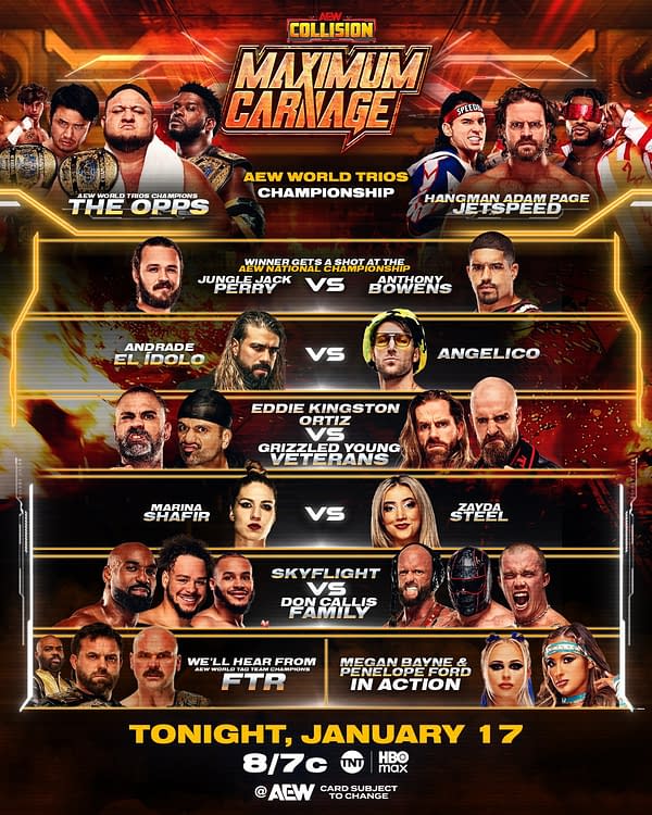 A promotional poster for AEW Collision titled 'Maximum Carnage', featuring matchups and wrestlers' images, with dramatic graphics and an orange-red background. Details include match specifics, event title, and broadcast information.