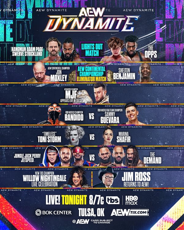 A promotional poster for AEW Dynamite featuring various wrestling matches, including a Lights Out match and appearances by Jon Moxley and MJF. Text indicates the event is live tonight from the Bok Center in Tulsa, Oklahoma.