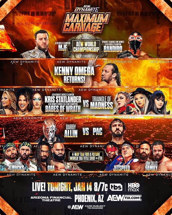 A promotional graphic for AEW Dynamite's Maximum Carnage event features a fiery background with wrestlers and match announcements, including MJF, Kenny Omega, Kris Statlander, and others. The date and venue information for the event are also displayed prominently.