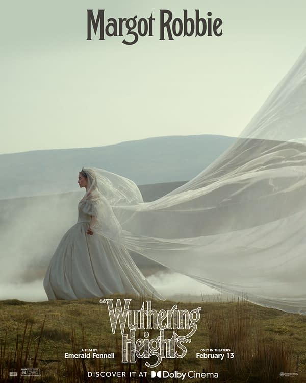A film poster for "Wuthering Heights" featuring a woman in a flowing white gown with a dramatic veil, set against a moody landscape. The name Margot Robbie is displayed prominently at the top, and the film's title is stylized at the bottom.
