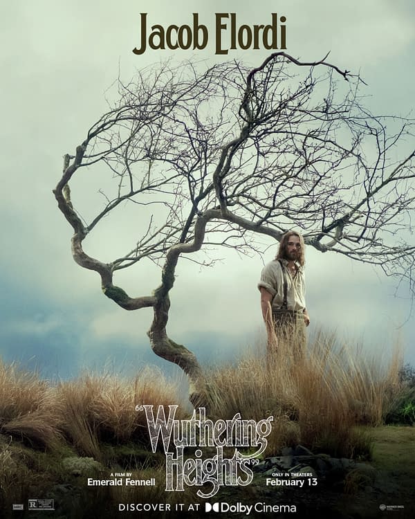 A promotional poster for "Wuthering Heights" featuring Jacob Elordi standing in a desolate landscape with a leafless tree, evoking a sense of melancholy and dramatic atmosphere.