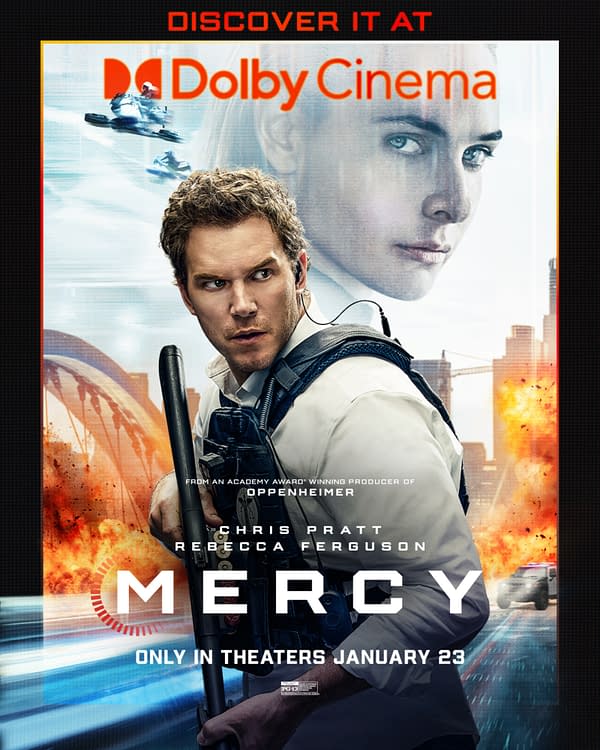 Movie poster for 'Mercy' featuring Chris Pratt and Rebecca Ferguson, showcasing a dramatic cityscape with action elements. The poster indicates it will be released only in theaters on January 23, and advertises Dolby Cinema.