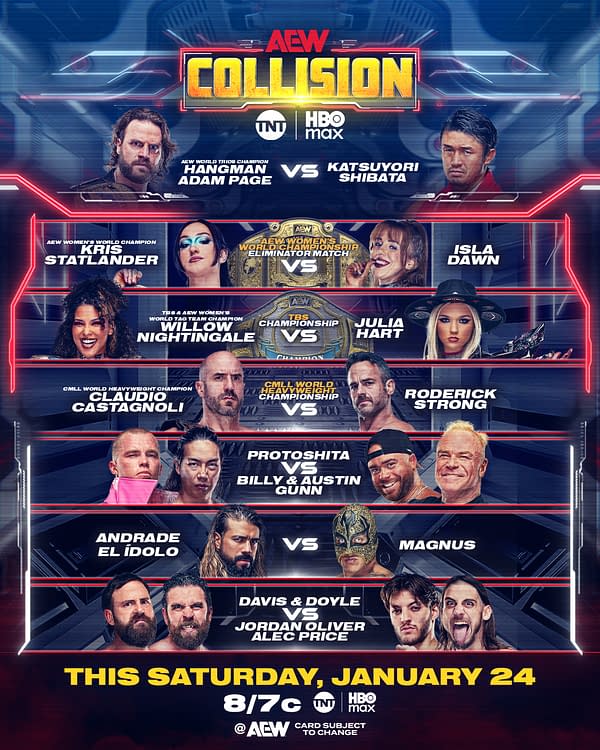 A promotional poster for AEW Collision featuring wrestling matchups, including Hangman Adam Page vs Katsuyori Shibata, Kris Statlander vs Isla Dawn, and several others, with a modern graphic design aesthetic.