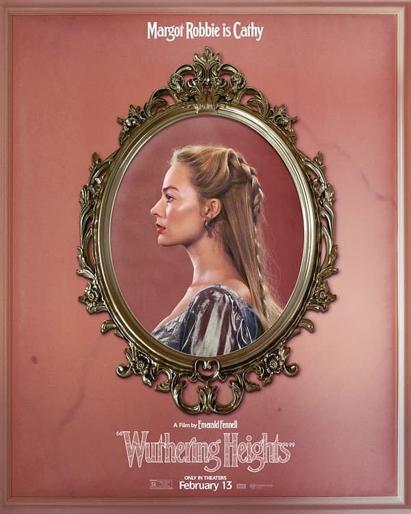 A promotional illustration for the film 'Wuthering Heights,' featuring Margot Robbie as the character Cathy, depicted within an ornate gold frame against a soft pink background. The text above announces 'Margot Robbie is Cathy,' while the film's release date is noted at the bottom.