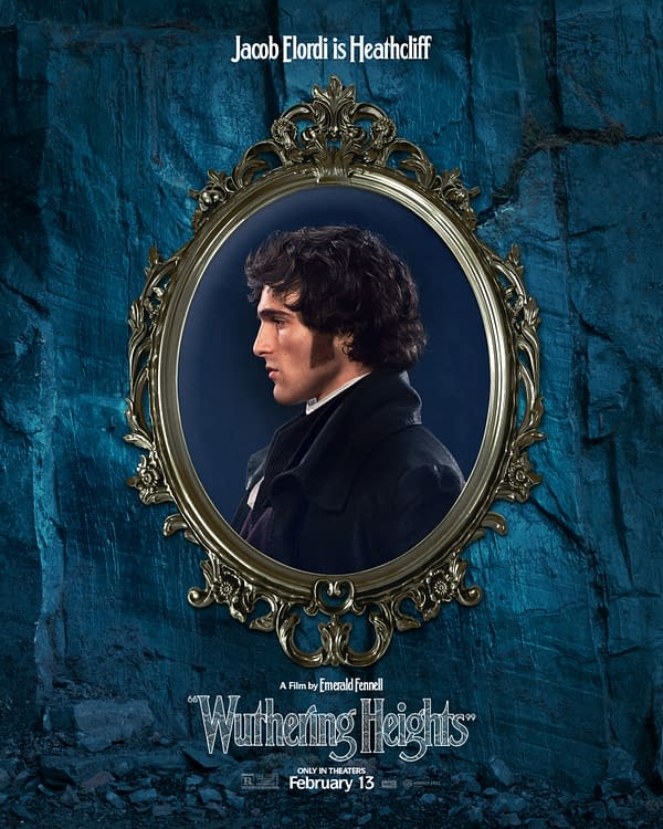 A portrait of Jacob Elordi as Heathcliff, framed in an ornate mirror against a dark, textured background. The promotional image is for the film "Wuthering Heights," directed by Emerald Fennell, and includes the release date of February 13.