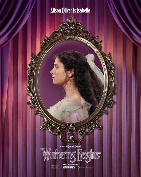 A promotional illustration featuring a woman styled as Isabella from "Wuthering Heights," framed in an ornate gold mirror against a backdrop of rich purple curtains. The text at the bottom indicates that Alison Oliver portrays Isabella in the film, set for theatrical release on February 13.