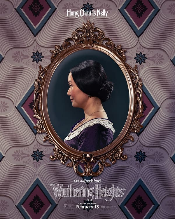A promotional image featuring Hong Chau as Nelly from "Wuthering Heights," displayed in a classic oval frame against a patterned background. The elegant portrait accentuates Nelly's side profile and Victorian-era attire.