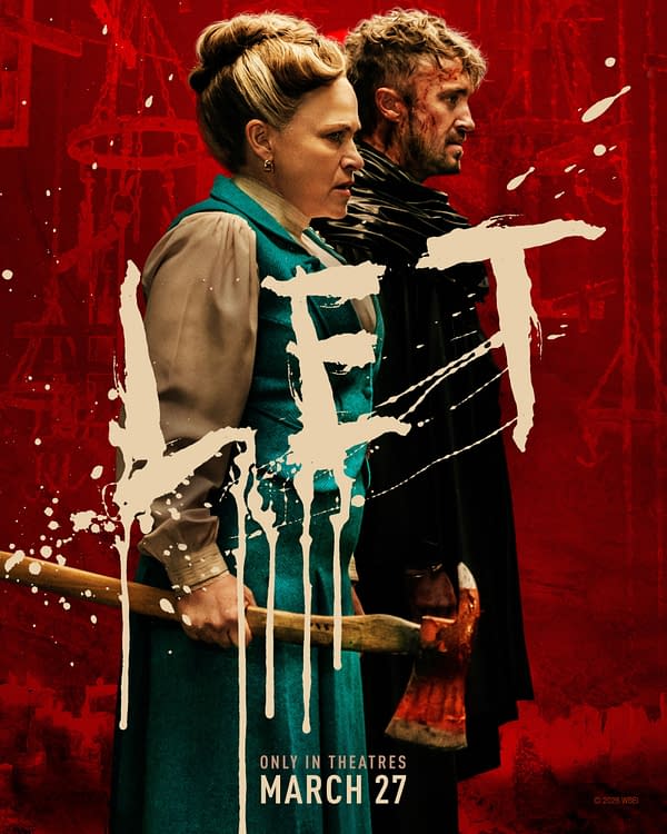 A dramatic character poster for the film 'They Will Kill You', featuring two intense figures against a dark red background. One character, dressed in a blue dress, holds a bloodied axe, while the other, in a dark cloak, shows signs of injury, highlighting a sense of confrontation.