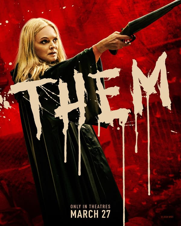 A character poster featuring a woman in a dark cloak aiming a shotgun, with the bold, dripping title 'THEM' prominently displayed against a red background. The poster includes the release date 'ONLY IN THEATRES MARCH 27'.