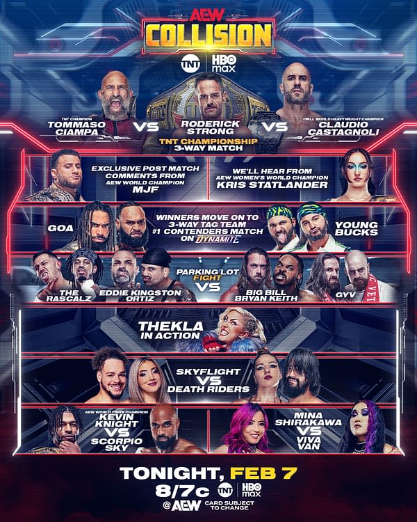A promotional graphic for AEW Collision featuring a lineup of wrestlers and matchups for the event. Key highlights include TNT Championship contenders and special appearances.