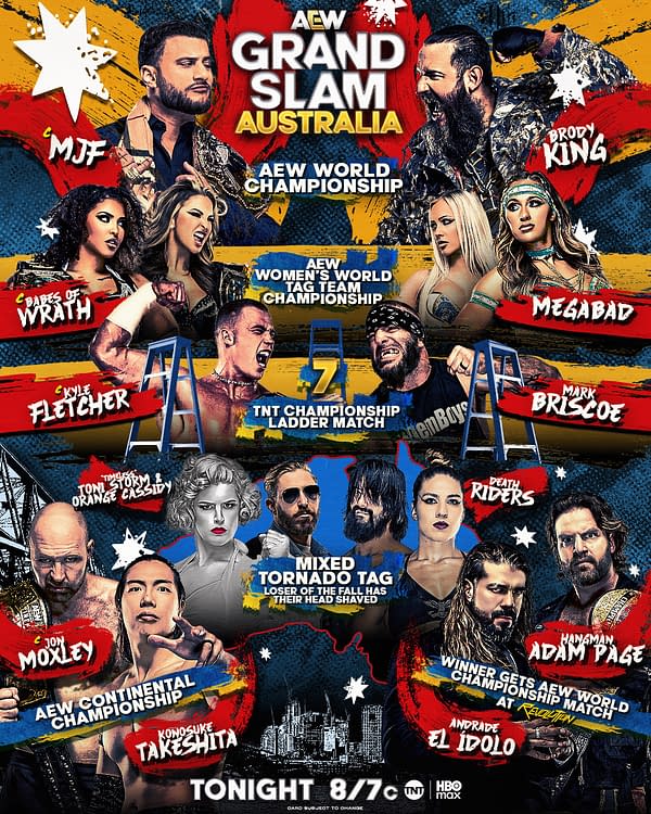 A promotional poster for AEW Grand Slam Australia features various wrestlers including MJF, Brody King, and Jon Moxley, with their names and championship matches highlighted. The design incorporates bold colors and a dynamic layout, emphasizing the event details.