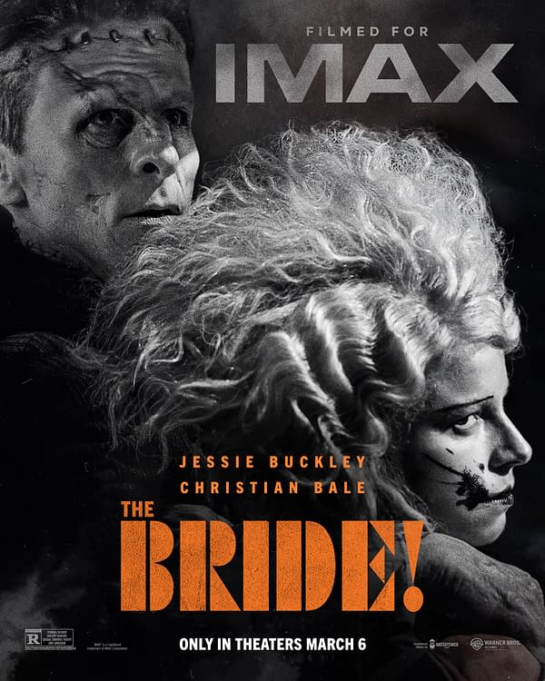 A movie poster for 'The Bride!' featuring stylized portraits of two characters, one with wild, curly hair and dramatic makeup, and the other appearing scarred and intense. The background is dark, with the film title prominently displayed in orange.