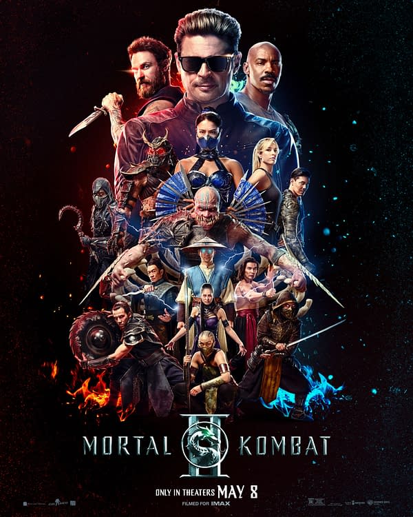 A promotional poster for 'Mortal Kombat II,' featuring a diverse group of characters in dynamic poses, showcasing their unique combat styles. The background includes fiery and electric effects, emphasizing the intense action theme associated with the franchise.