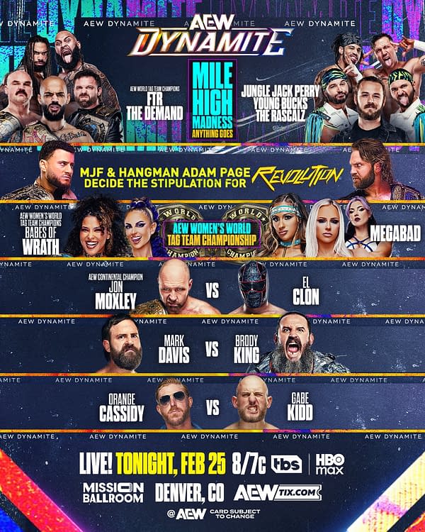 A colorful promotional graphic for AEW Dynamite featuring the event title, matchups, and participant names including Jon Moxley, Orange Cassidy, and others. The background includes vibrant designs and the date and location of the event.