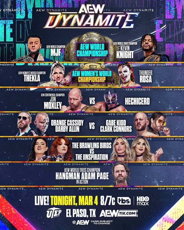 A colorful promotional graphic for AEW Dynamite featuring championship titles and wrestlers' names, announcing live matches for March 4. The design highlights the AEW branding with a vibrant background.