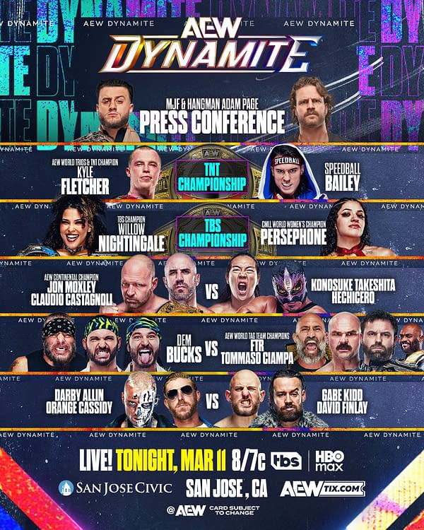 A promotional poster for the AEW Dynamite wrestling event, featuring various wrestlers and championship titles, including MJF, Hangman Adam Page, and Willow Nightingale, with details about matches and a press conference.
