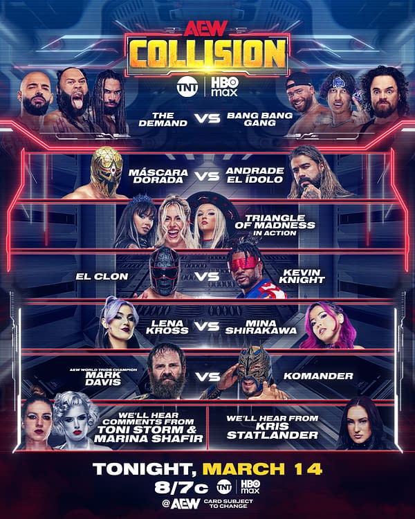 A promotional poster for AEW Collision featuring matchups and wrestlers' names, with a colorful background and logo. Key matches include The Demand vs Bang Bang Gang, and Máscara Dorada vs Andrade El Ídolo.