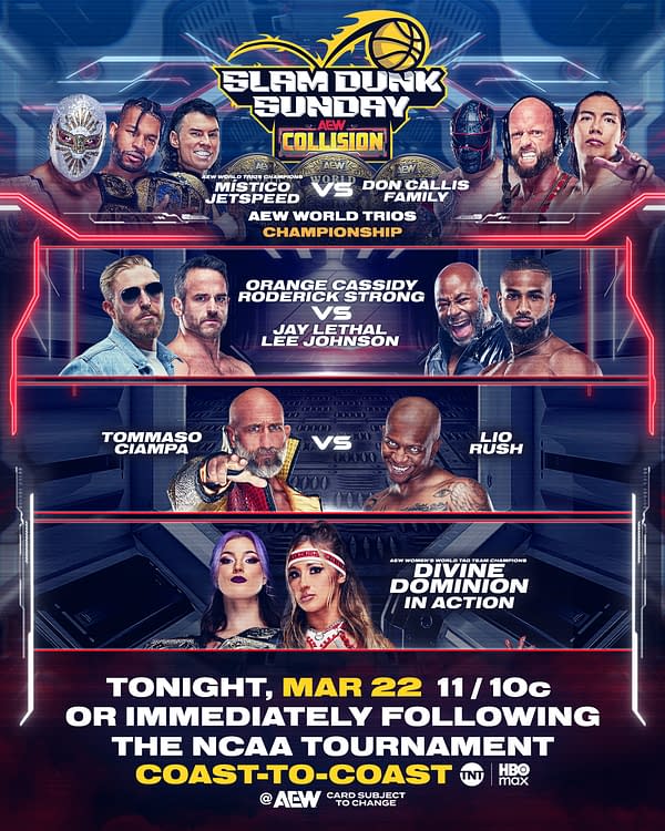 A promotional graphic for 'AEW Collision: Slam Dunk Sunday', featuring wrestlers Mistico, Jetspeed, Orange Cassidy, Roderick Strong, Jay Lethal, Tommaso Ciampa, Lio Rush, and the Divine Dominion. The design includes a basketball-themed logo and details about the event date and broadcast.