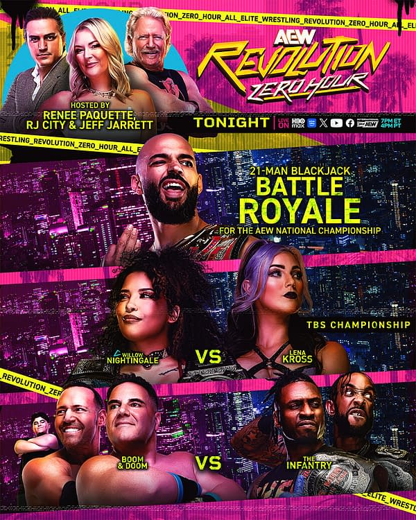 Colorful promotional poster for AEW Revolution Zero Hour features wrestlers and hosts, with a bold pink and yellow design highlighting matches, including a 21-man battle royale and TBS championship fight.