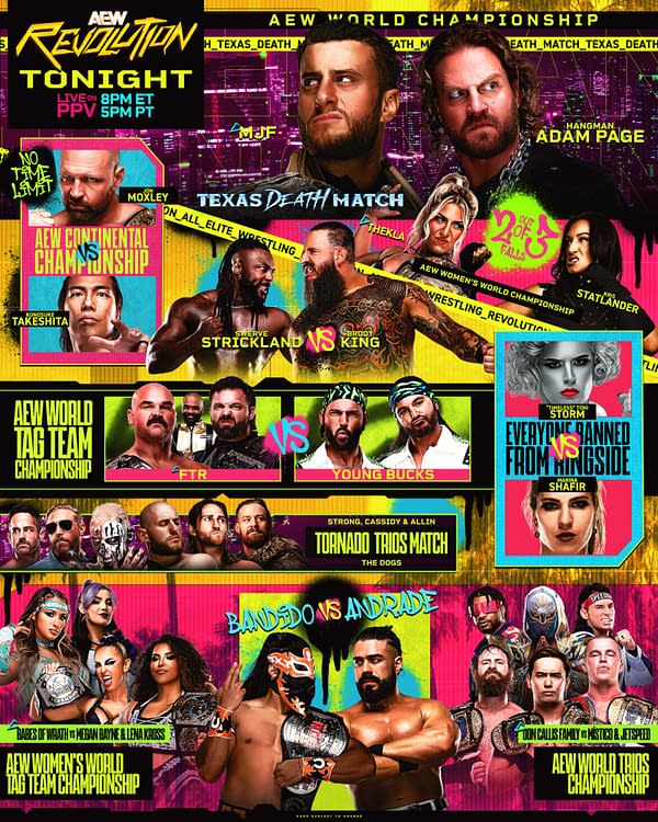 A colorful promotional poster for AEW Revolution, featuring various wrestlers and match types, including Texas Death Match and AEW Women's World Tag Team Championship, with bold text announcing the event's live broadcast details.