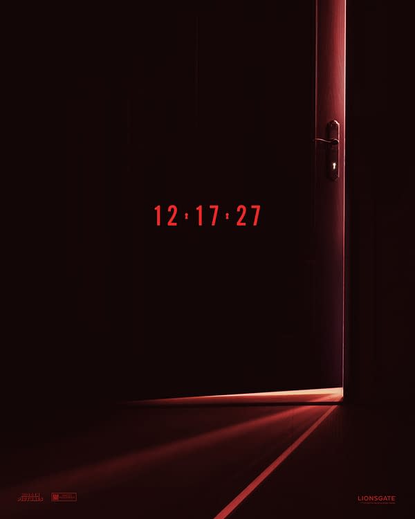 A dimly lit doorway with a sliver of light illuminating the floor and the date '12.17.27' prominently displayed in red. This graphic serves as a promotional teaser for the upcoming film 'The Housemaid's Secret.'