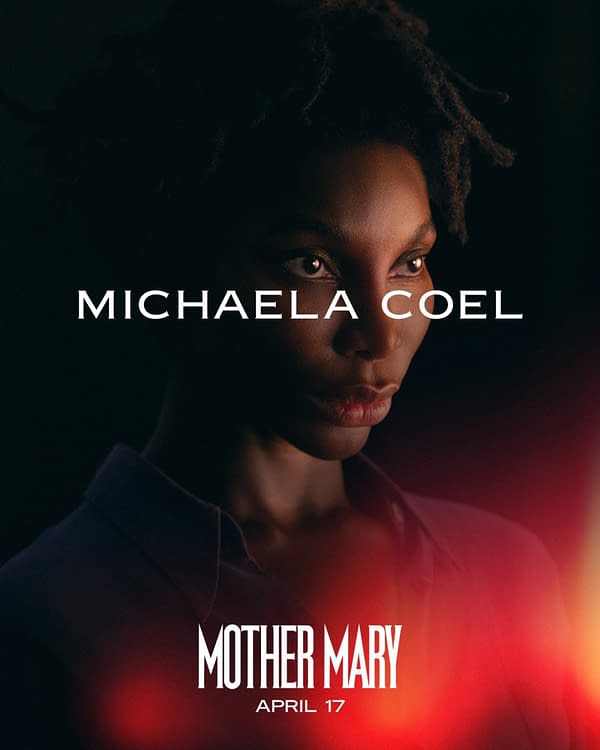 A promotional illustration for the film 'Mother Mary' featuring Michaela Coel's profile against a dark background. The text 'MICHAELA COEL' is prominently displayed above her, with the film title and release date, 'MOTHER MARY APRIL 17,' at the bottom.