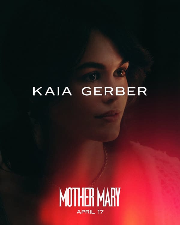 A promotional image for the project 'Mother Mary,' featuring a close-up of a woman with dark hair and striking features. The text displays the names 'Kaia Gerber' and the release date 'April 17'.