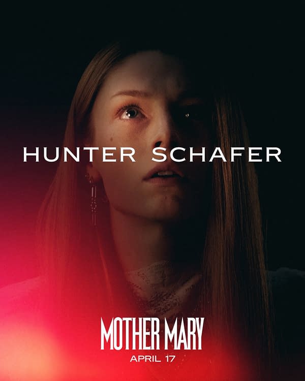 A promotional image for 'Mother Mary' featuring a young woman with long hair, gazing upwards with an expression of concern or intensity. The text 'HUNTER SCHAFER' is prominently displayed above her, and the title 'MOTHER MARY' along with the date 'APRIL 17' appears at the bottom.