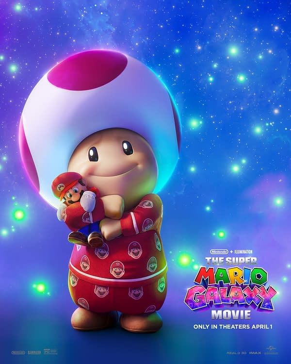 A colorful cartoon illustration features a sleepy Toad character wearing red pajamas adorned with Mario's face, holding a small Mario doll. Background depicts a starry galaxy theme, promoting 'The Super Mario Galaxy Movie' with a release date of April 1.