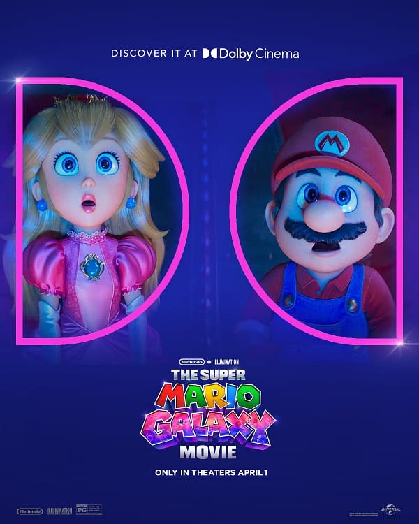 A colorful cartoon scene from 'The Super Mario Galaxy Movie' featuring Princess Peach and Mario with surprised expressions. The image includes the movie title in bold, vibrant letters at the bottom, promoting the film's theatrical release.