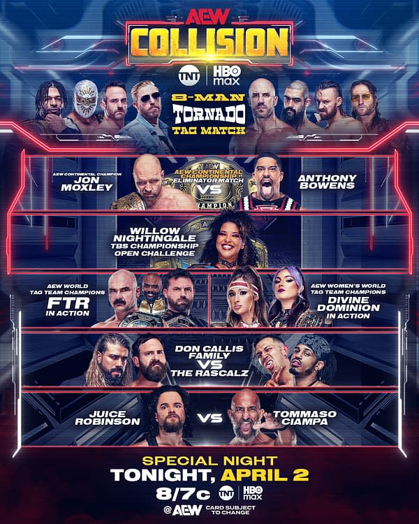 A promotional flyer for the wrestling event AEW Collision, featuring various wrestlers and match details, including an 8-man Tornado Tag Match and a championship eliminator match. The design includes vibrant colors and logos for TNT and HBO Max.