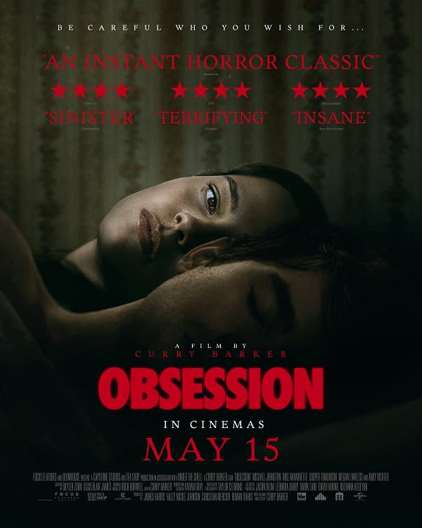 A horror film poster for 'Obsession,' featuring two characters in a dark, intimate setting. The poster includes critical acclaim quotes, with the film's release date of May 15 prominently displayed.