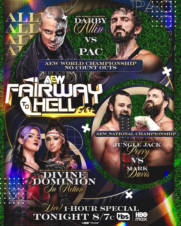 AEW Collision promotional poster featuring multiple wrestling matchups, including Darby Allin vs. PAC for the AEW World Championship and other title bouts. The bold