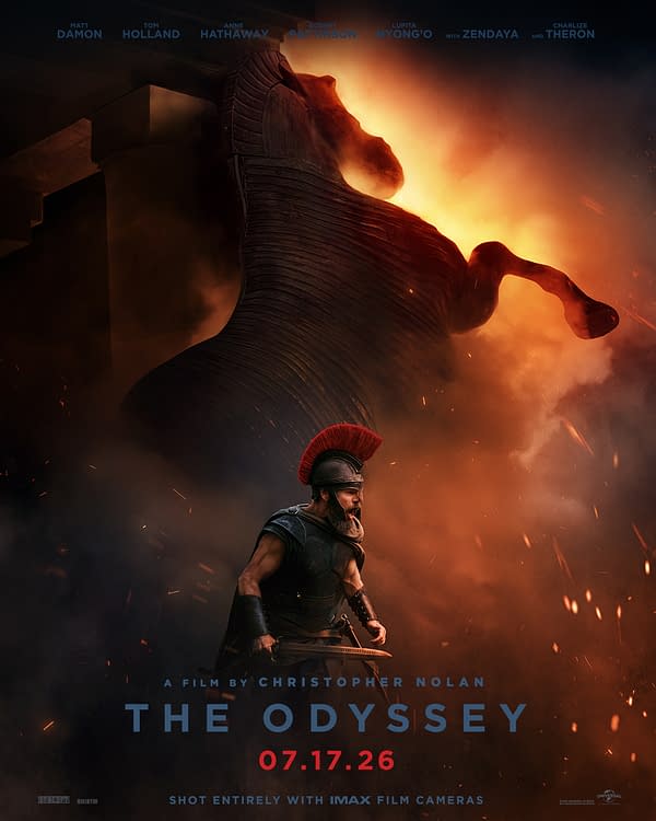 Movie poster for The Odyssey showing a bronze horse statue looming over a Spartan warrior in a helmet with a red plume, set against a fiery orange background. The cast names and release date appear above and below the title.