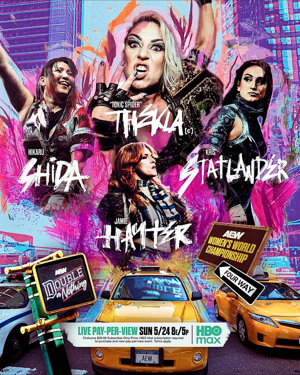 AEW Double or Nothing poster featuring Thekla, Hikaru Shida, Kris Statlander, and Jamie Hayter around a women's world championship four-way match. Bright pink and blue graphics frame the wrestlers with cars and event branding at the bottom.