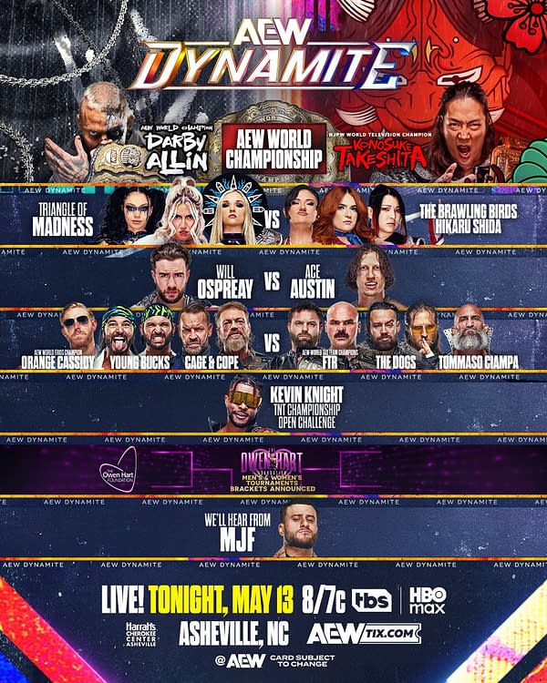 AEW Dynamite promotional poster featuring title matches and appearances by Darby Allin, Konosuke Takeshita, Will Ospreay, and MJF. The card advertises live action in Asheville, NC on May 13.