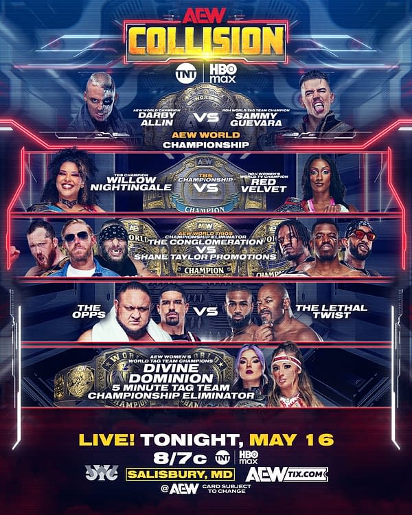 AEW Collision promotional poster for tonight's card, featuring Darby Allin vs. Sammy Guevara for the AEW World Championship and Willow Nightingale vs. Red Velvet for the TBS title.