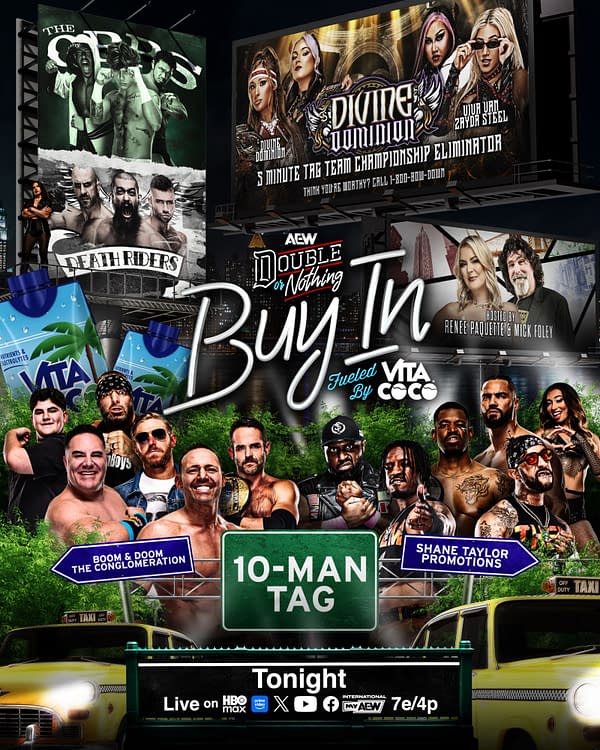 AEW Double or Nothing event poster with multiple match billboards, including the Bump N' Buy-in show, a 10-man tag match, and team championship and trios-style bouts. The design features numerous wrestlers, a city-night backdrop, and yellow taxis at the bottom.