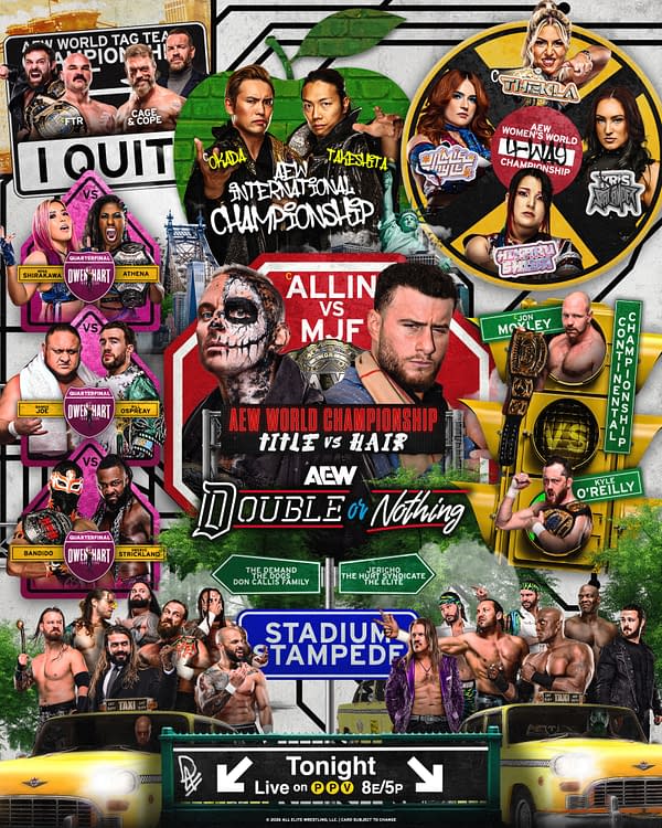 Promotional poster for AEW Double or Nothing featuring multiple wrestling matchups, including title matches, a hair vs. title bout, and Stadium Stampede. Wrestlers are arranged around bold event graphics and championship belts.