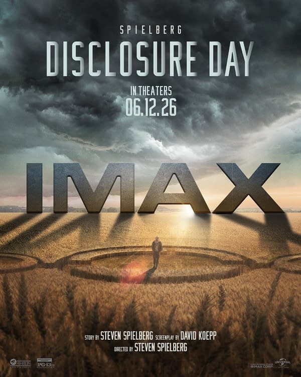IMAX poster for Disclosure Day showing a stormy sky over a wheat field, with a lone man standing in a circular crop formation and the title text above.