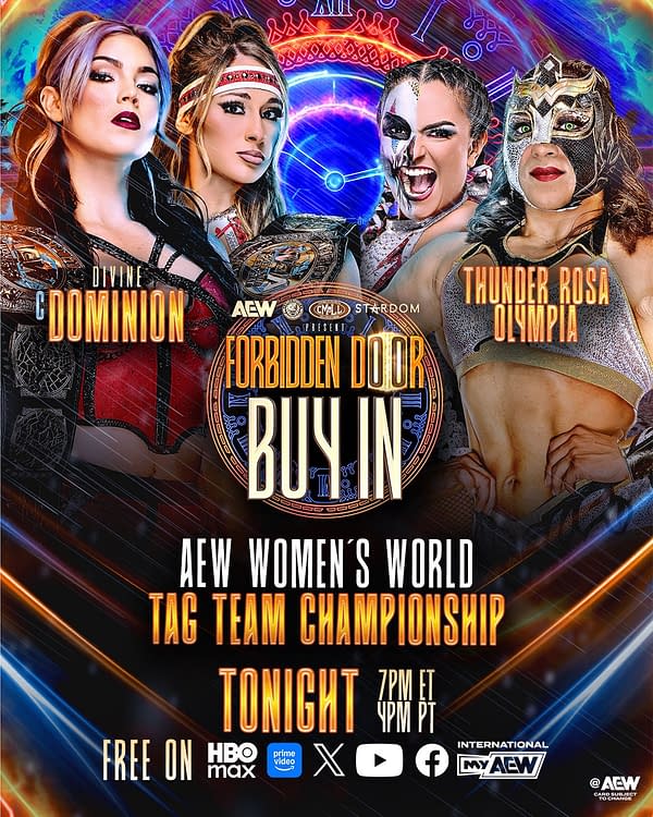 Promotional wrestling poster for AEW Forbidden Door Buy-In featuring four women's tag team champions against a neon background. The graphic highlights the AEW Women's World Tag Team Championship match tonight.